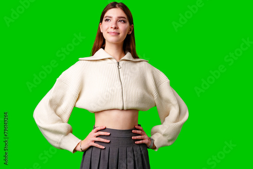 Woman in White Sweater and Pleated Skirt