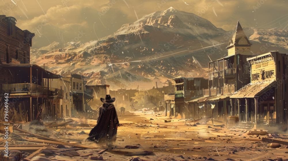 Φωτογραφία Amidst the wreckage of an old ghost town a figure dd in a ragged black cloak sifts through the ruins their faded denim and muddy Western boots blending in with the dilapidated