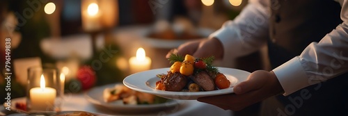 Luxury food service, main course served by a waiter at a wedding celebration or formal event in classic English style at luxurious hotel or country estate.