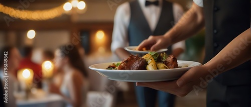 Luxury food service main course served by a waiter at a wedding celebration or formal event photo
