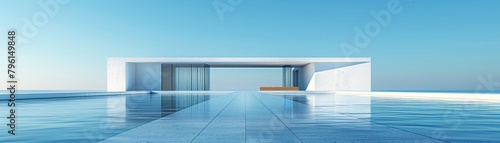 Abstract architecture, minimalist white structures against a stark blue sky, sharp angles and clean lines
