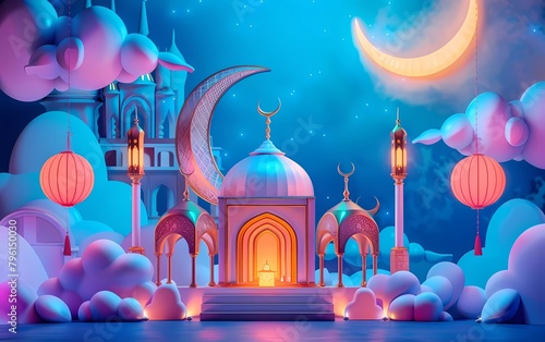 Idul Adha Islamic decoration display background with mosque crescent moon lanterns sheep, ramadan kareem, maulid, eid al-fitr, muharram. 