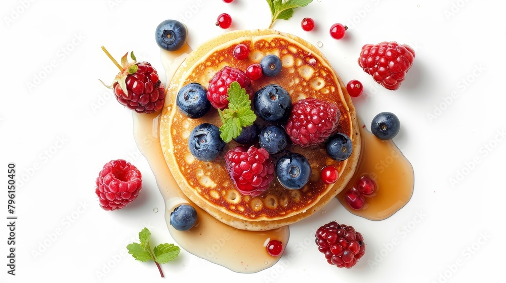 Inviting top view image of nutritious pancakes, adorned with a colorful mix of berries and organic syrup, set against an isolated white background Inviting top view image of nutritious pancakes, adorned with a colorful mix of berries and organic syrup, set against an isolated white background