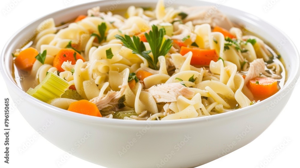 Inviting bowl of chicken noodle soup, emphasizing healthy ingredients like carrots, celery, and whole wheat noodles in a controlled salt broth, isolated background Inviting bowl of chicken noodle soup, emphasizing healthy ingredients like carrots, celery, and whole wheat noodles in a controlled salt broth, isolated background