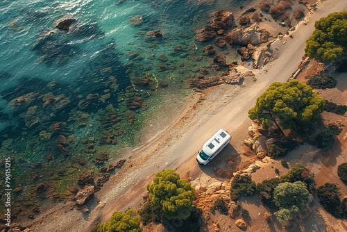 Caravan camping on coast. Aerial view