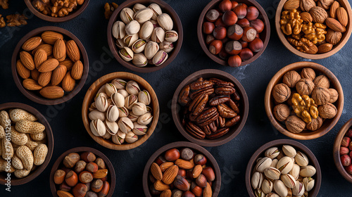 mixed nuts in wooden bowls on black stone table almonds pistachio walnuts cashew hazelnut