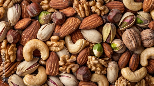 Healthy top view of mixed nuts including almonds, walnuts, pistachios, cashews, and Brazil nuts, emphasizing their rich textures and colors, isolated background, studio lighting