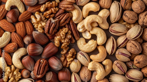 Healthy top view of mixed nuts including almonds, walnuts, pistachios, cashews, and Brazil nuts, emphasizing their rich textures and colors, isolated background, studio lighting photo