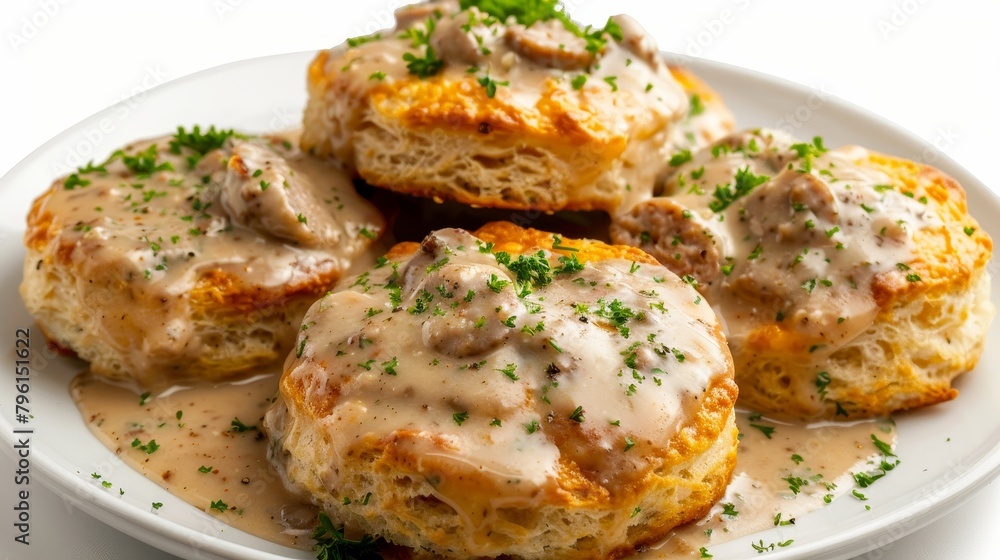 Gourmet top view image of Biscuits and Sausage Gravy, featuring whole wheat biscuits and turkey sausage in low-fat gravy, prepared with less butter, isolated