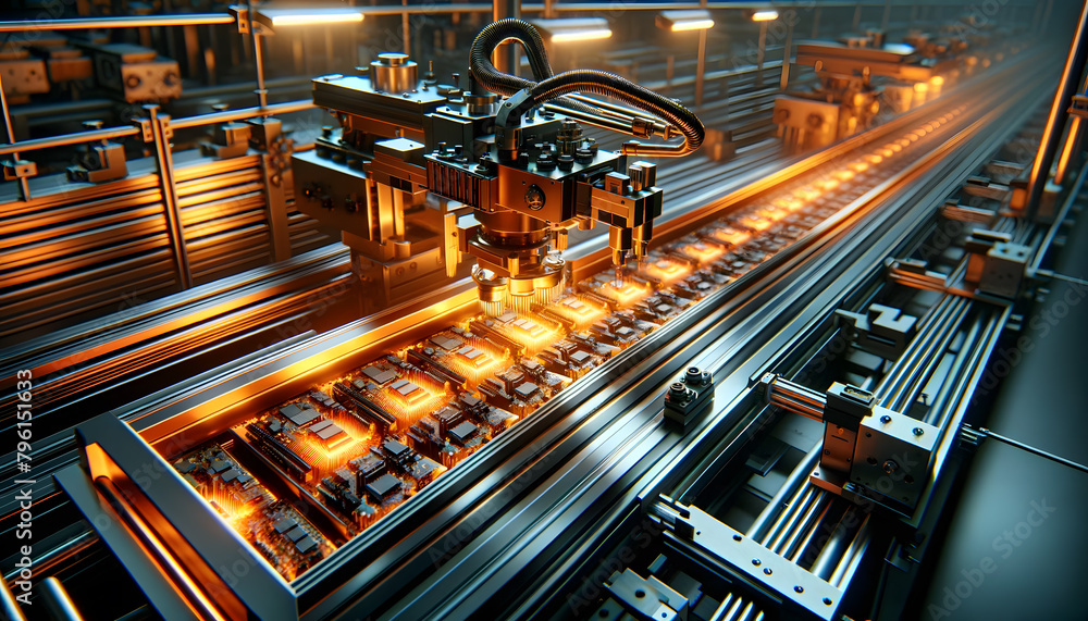 a close-up view of an advanced manufacturing conveyor belt carrying glowing electronic circuit boards. a close-up view of an advanced manufacturing conveyor belt carrying glowing electronic circuit boards.