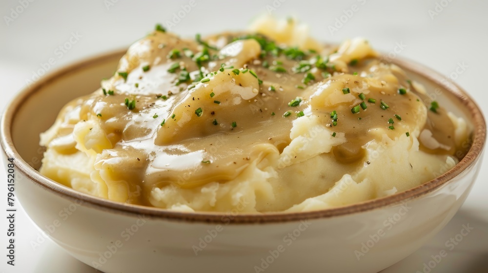 Gourmet low-fat mashed potatoes topped with homemade gravy using reduced-sodium broth, beautifully presented on an isolated background, studio lighting Gourmet low-fat mashed potatoes topped with homemade gravy using reduced-sodium broth, beautifully presented on an isolated background, studio lighting