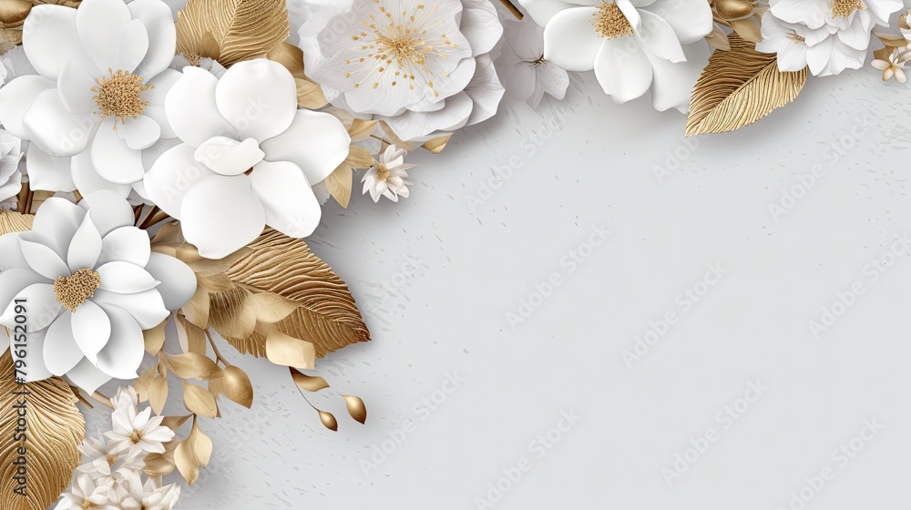 Elegant Floral Wallpaper with White Magnolia Flowers and Gold Foil Accents