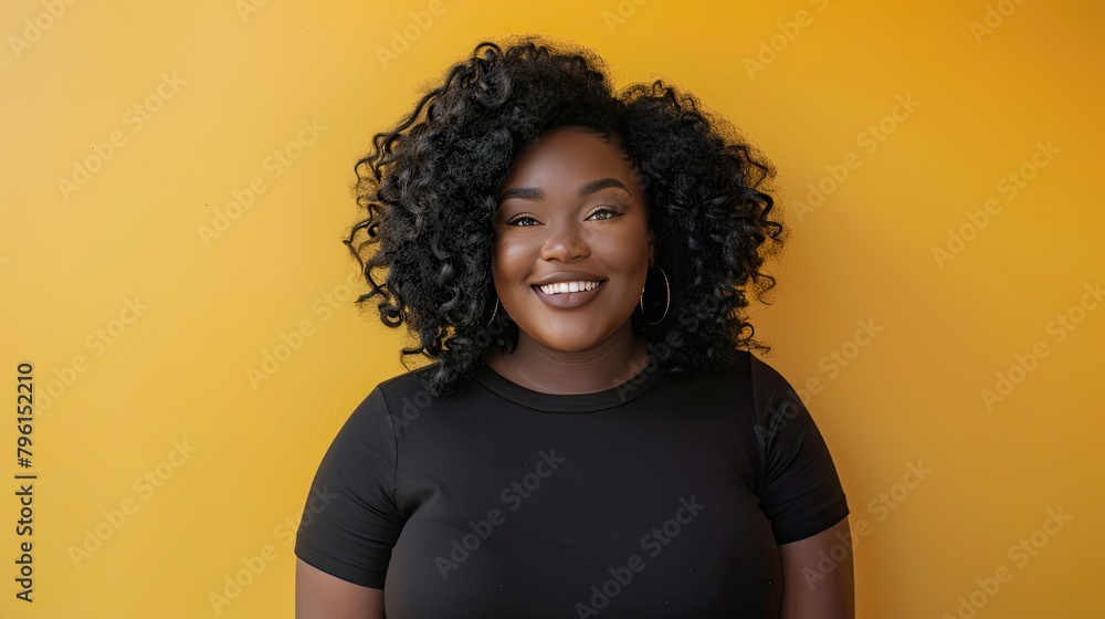 Vibrant Woman with Curly Updo Against Bright Yellow Background Vibrant Woman with Curly Updo Against Bright Yellow Background