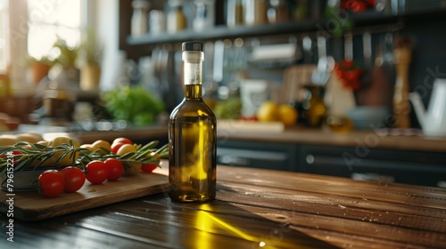 Gourmet kitchen scene with a bottle of extra virgin olive oil, illustrating its role in healthy cooking, monounsaturated fats highlighted, isolated background photo