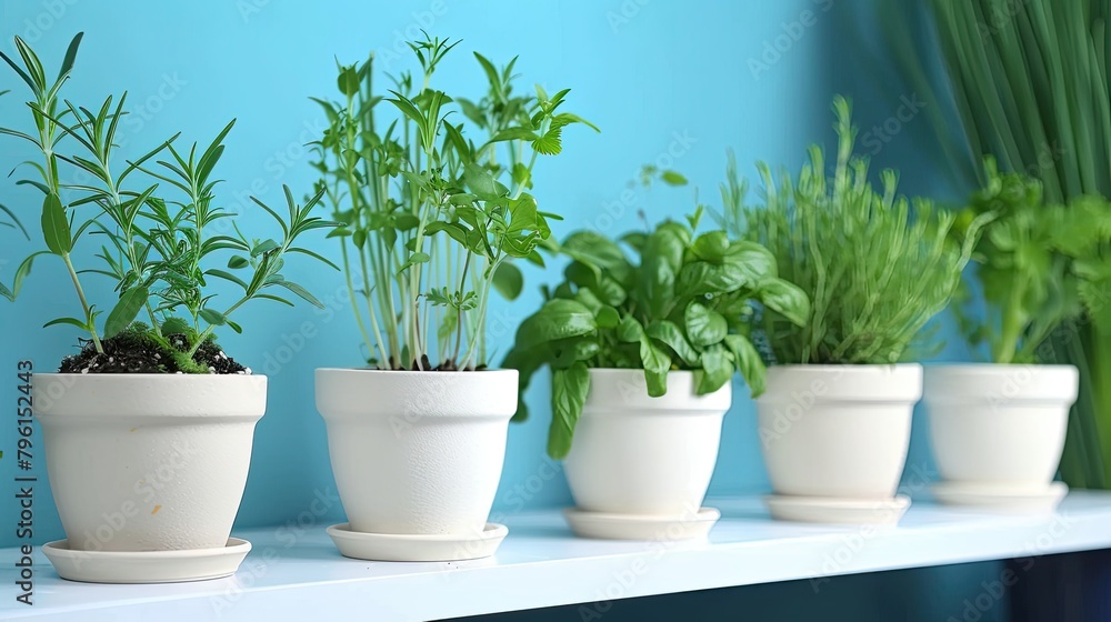 Diverse Collection of Indoor Plants in Various Planters Against Blue Wall Diverse Collection of Indoor Plants in Various Planters Against Blue Wall