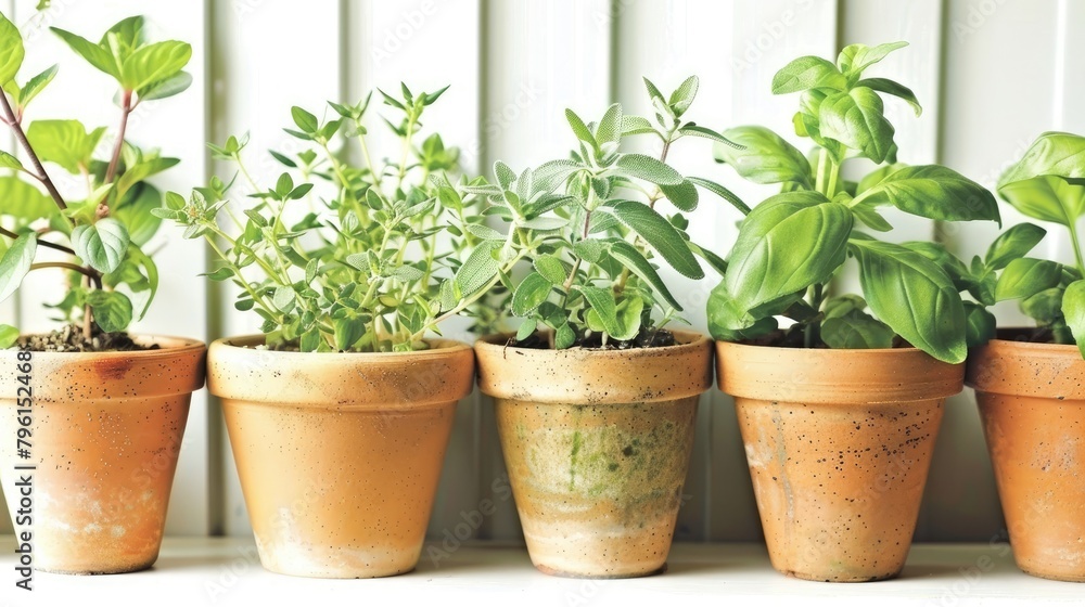 Fototapeta premium Organic Herb Garden Potted Plants on Indoor Shelf