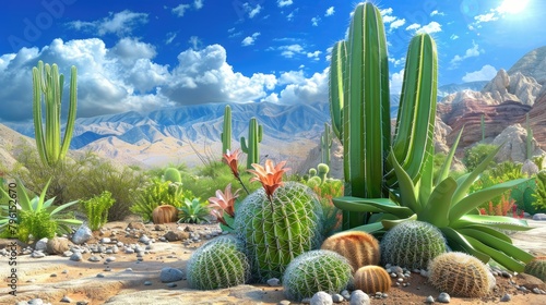 Lush Desert Landscape with Vibrant Cacti and Majestic Mountains