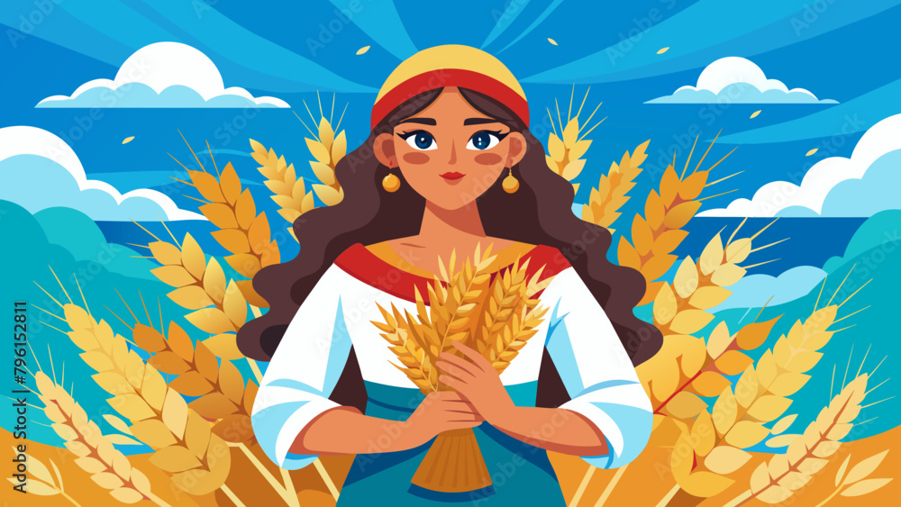 Rustic Harvest: Young Woman Holding Wheat Sheaves in a Golden Field