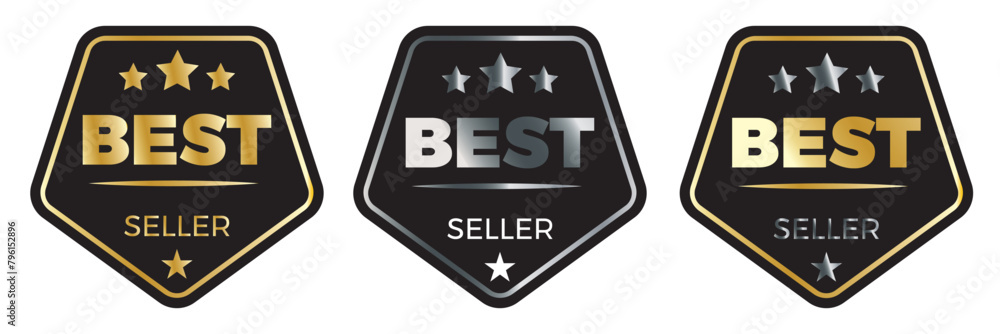 Obraz premium Best seller golden labels, award seal, medal badges. Vector premium quality metal emblems. Best Seller Stamp vector for product, print design, apps, websites. 11:11