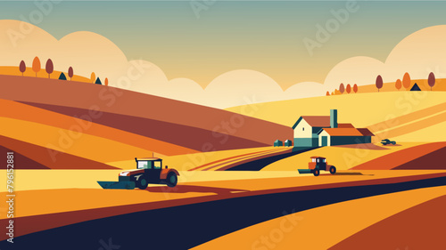 Autumn Harvest Season with Tractors on Rolling Farm Fields