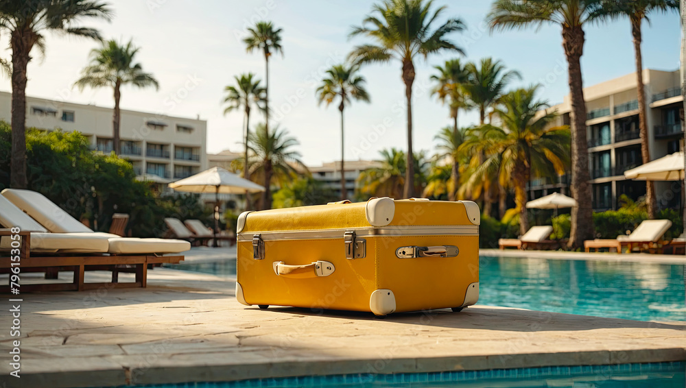 Fototapeta premium Yellow suitcase on a tropical resort is trip to the sea and pool in a warm summer climate, a vacation tour in hotel.