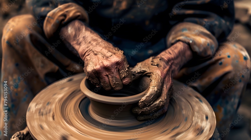 Masterful Creation: Hands of a Skilled Artisan Shaping Clay on a Spinning Wheel, Emphasizing Craftsmanship in Pottery Making Masterful Creation: Hands of a Skilled Artisan Shaping Clay on a Spinning Wheel, Emphasizing Craftsmanship in Pottery Making