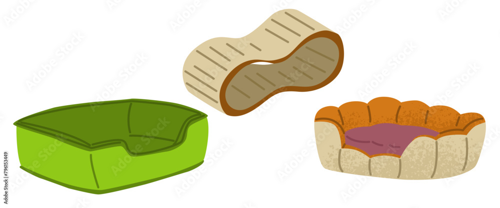 Set of cat beds. Cozy pillows for sleeping. Cat claw scratcher. Pet care. Design for stores with pet products. Home life of a cat. Vector illustration isolated on transparent background. Set of cat beds. Cozy pillows for sleeping. Cat claw scratcher. Pet care. Design for stores with pet products. Home life of a cat. Vector illustration isolated on transparent background.