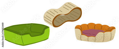 Set of cat beds. Cozy pillows for sleeping. Cat claw scratcher. Pet care. Design for stores with pet products. Home life of a cat. Vector illustration isolated on transparent background. © Larisa Vladimirova