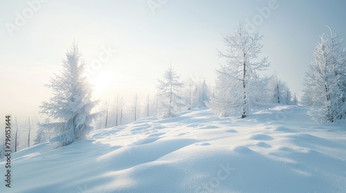 Snowy Winter Landscape at Dawn with Soft Morning Light. © _veiksme_