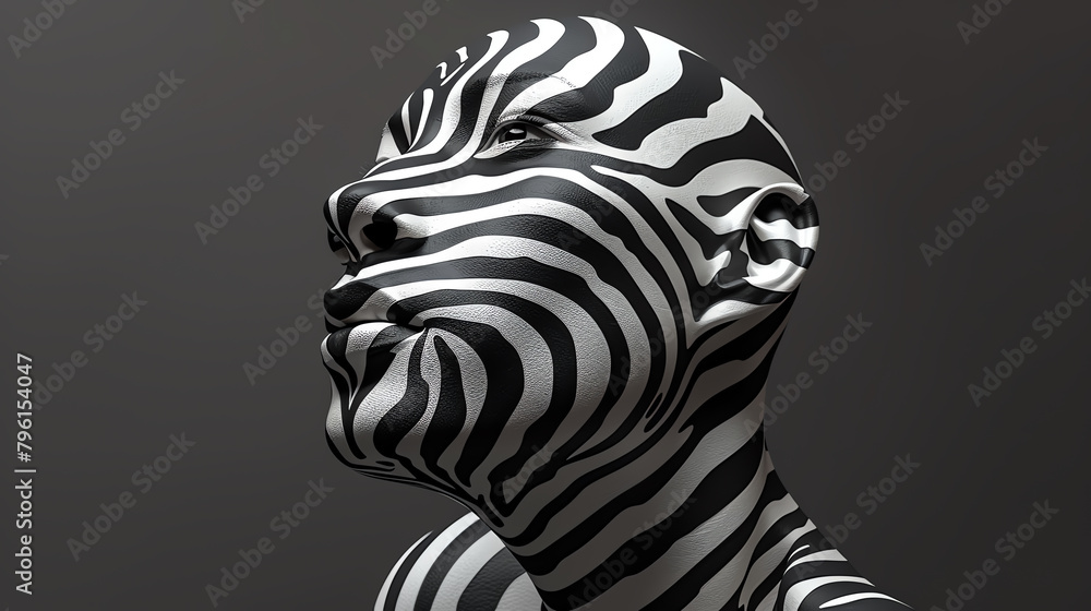 A zebrahuman 3D face, with bold stripes and a wild, freespirited look