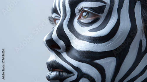 A zebrahuman 3D face, with bold stripes and a wild, freespirited look photo