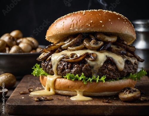 A juicy hamburger topped with melted Swiss cheese, sauteed mushrooms, and caramelized onions.

