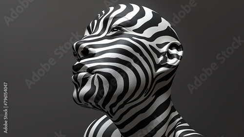 A zebrahuman 3D face  with bold stripes and a wild  freespirited look