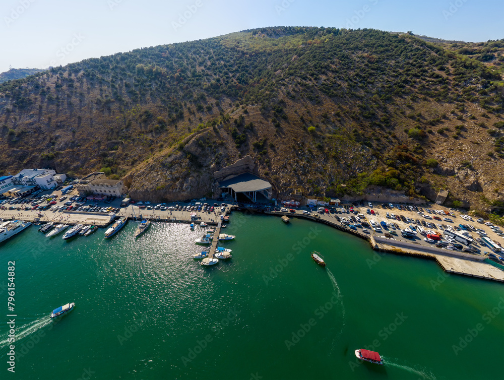 Sevastopol, Crimea - September 12, 2020: Balaklava Bay. Military Historical Museum of Fortifications (Submarine Museum) Aerial view