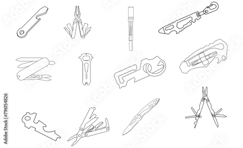 Multi-function Tools & Knives SOG Specialty Knives & Tools,  Multi-function Too,  leatherman outline Set. Multitool or multi-tool knife isolated outline vector on white background. This cutting tool. photo