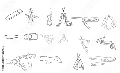 Pocket Knife icon, Multi-tool Knife of vector illustration Isolated on White Background.  Pocket Knife icon, outline icon, Multi tool Knife of vector illustration Isolated. Multifunction tools knives.