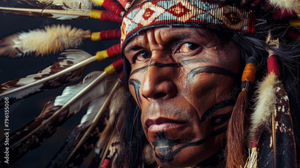 Indigenous man in traditional attire with tribal face paint