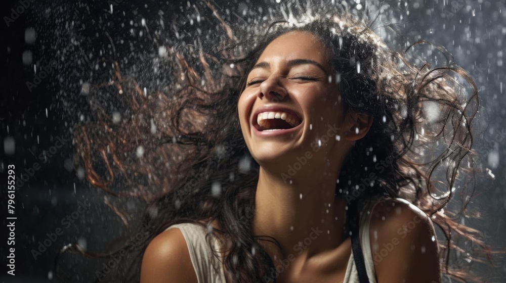 Highresolution image of a joyful model in a studio, laughing as a splash of water hits her face, emphasizing freshness and happiness