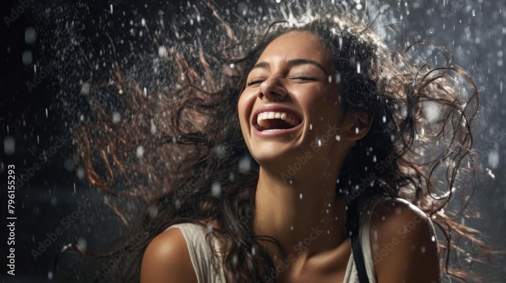 Obraz premium Highresolution image of a joyful model in a studio, laughing as a splash of water hits her face, emphasizing freshness and happiness