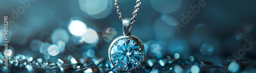 An elegant platinum pendant with a rare blue diamond, suspended in a beam of light photo