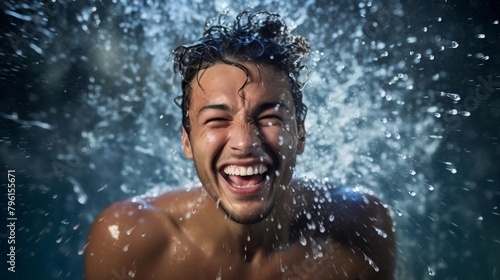 Dynamic studio photo of a happy young man with water splashing across his face, highlighting his bright smile and lively expression © reels