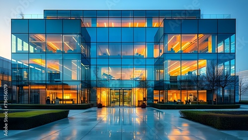 Sustainable Glass Office Building Designed to Minimize Carbon Footprint. Concept Sustainable Architecture, Green Building Design, Carbon-Neutral Construction, Energy-Efficient Office #796156079