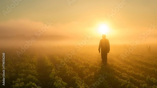 A farmer walking through a misty morning field, his silhouette against the rising sun evoking the quiet dedication of those who cultivate the land.