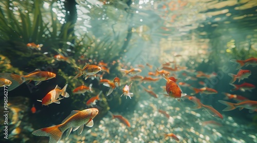 River pond decorative orange underwater fishes nishikigoi. Aquarium koi Asian Japanese wildlife colorful landscape nature clear water photo © somneuk