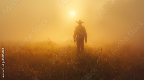 A farmer walking through a misty morning field, his silhouette against the rising sun evoking the quiet dedication of those who cultivate the land. © Plaifah