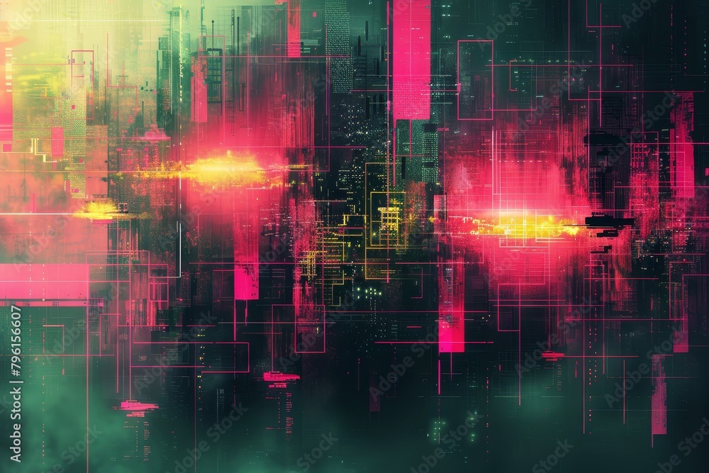 Abstract design, digital glitch effect with sharp lines and bright neon greens and pinks