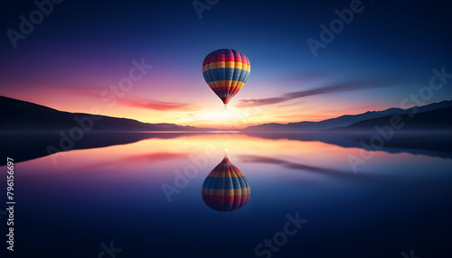 a colorful hot air balloon floating gently above a tranquil lake at twilight.