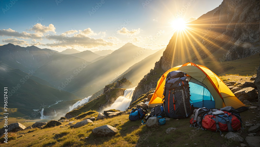Trek Def Hiking tent and backpack In mountains in morning with rays of sun with ...