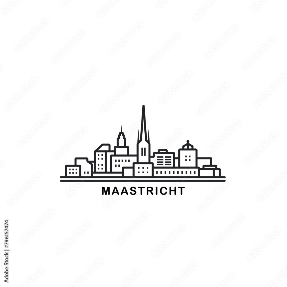 Naklejka premium Maastricht cityscape skyline city panorama vector flat modern logo icon. Netherlands, Holland town emblem idea with landmarks and building silhouettes. Isolated thin line graphic