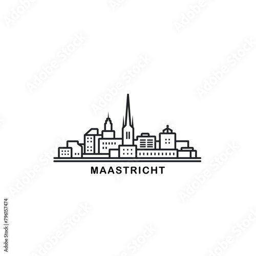 Maastricht cityscape skyline city panorama vector flat modern logo icon. Netherlands, Holland town emblem idea with landmarks and building silhouettes. Isolated thin line graphic